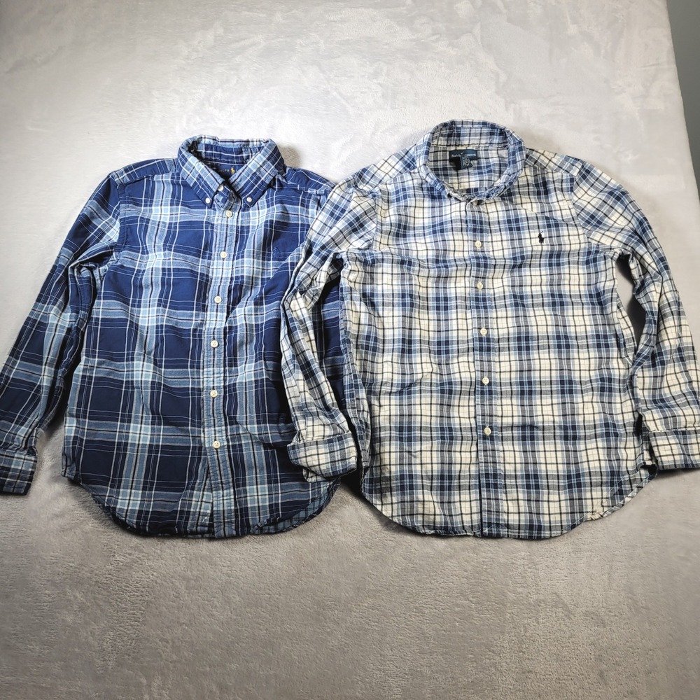 Ralph Lauren Shirts Boys L 14-16 Blue Plaid Check Button Down Cotton Preppy